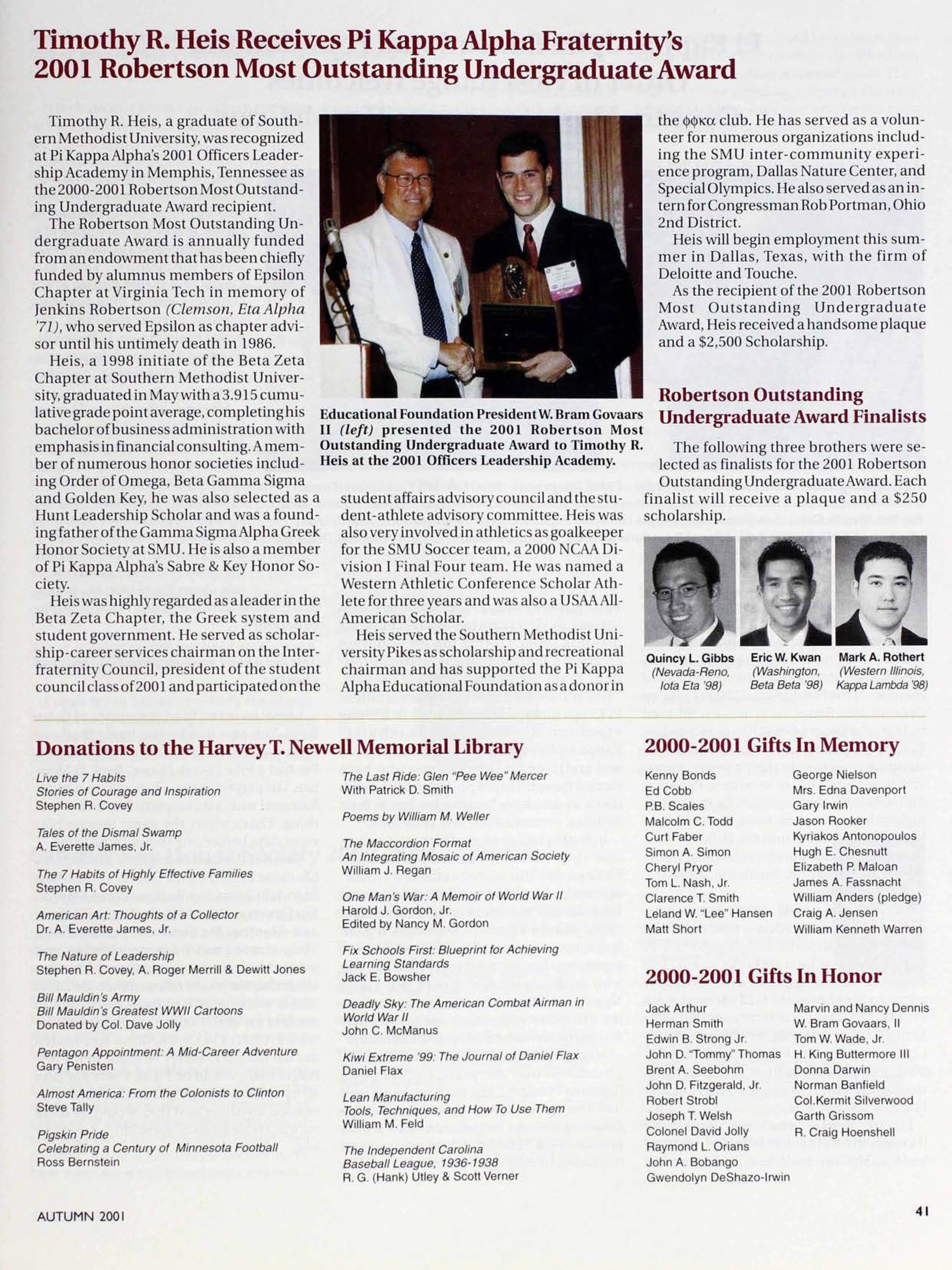 Educational Foundation: 2000-2001 Gifts in Honor, Autumn 2001
